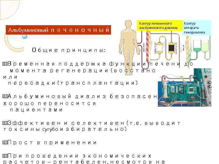 Альбуминовый печеночный диализ Контур печеночного альбуминового диализа Контур аппарата гемодиализа Общие принципы: Ш Временная