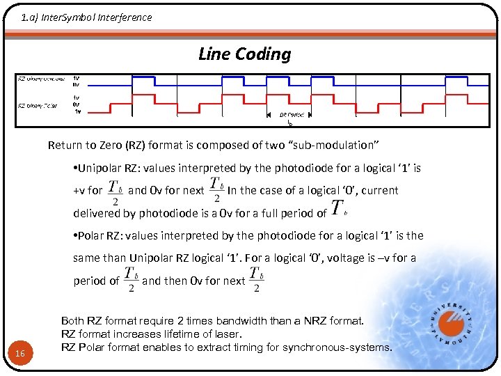 1. a) Inter. Symbol Interference Line Coding Return to Zero (RZ) format is composed