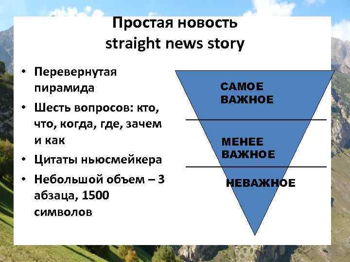 Простая новость straight news story • Перевернутая пирамида • Шесть вопросов: кто, что, когда,