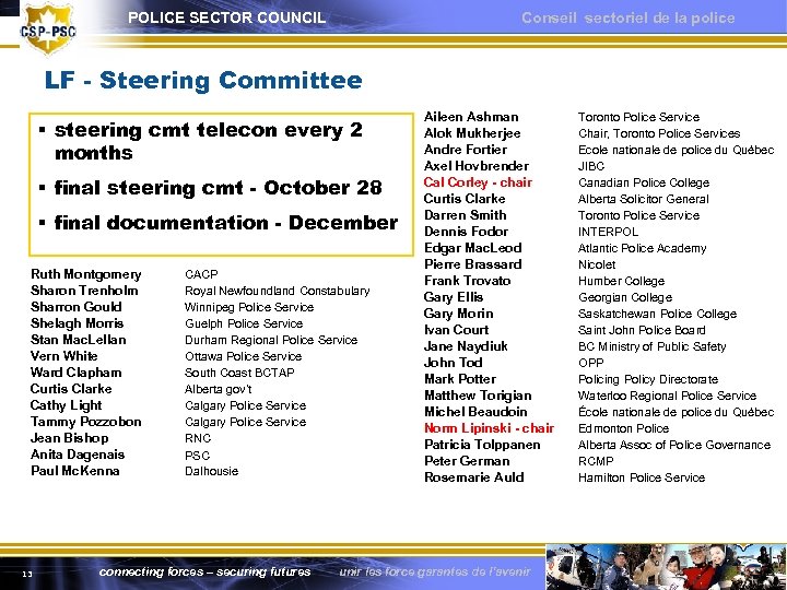 POLICE SECTOR COUNCIL Conseil sectoriel de la police LF - Steering Committee § steering