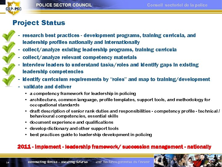 POLICE SECTOR COUNCIL Conseil sectoriel de la police Project Status - research best practices