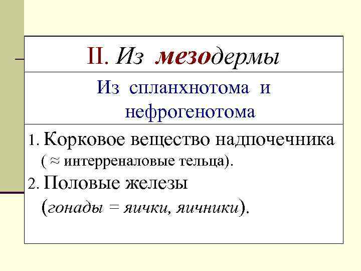 II. Из мезодермы Из спланхнотома и нефрогенотома 1. Корковое вещество надпочечника ( ≈ интерреналовые