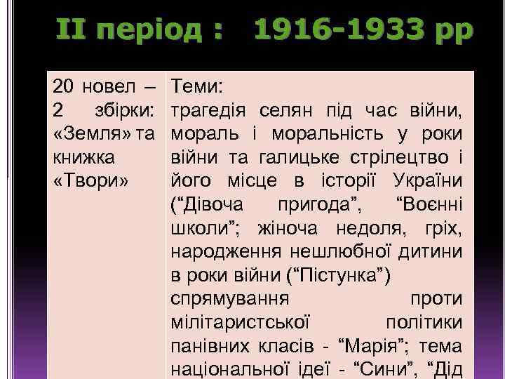 ІІ період : 1916 -1933 рр 20 новел – 2 збірки: «Земля» та книжка