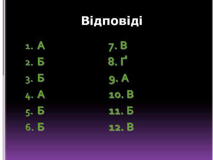 Відповіді 1. А 2. Б 3. Б 4. А 5. Б 6. Б 7.