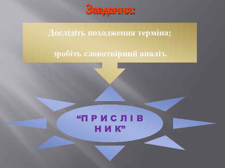 Завдання: Дослідіть походження терміна; зробіть словотвірний аналіз. “П Р И С Л І В
