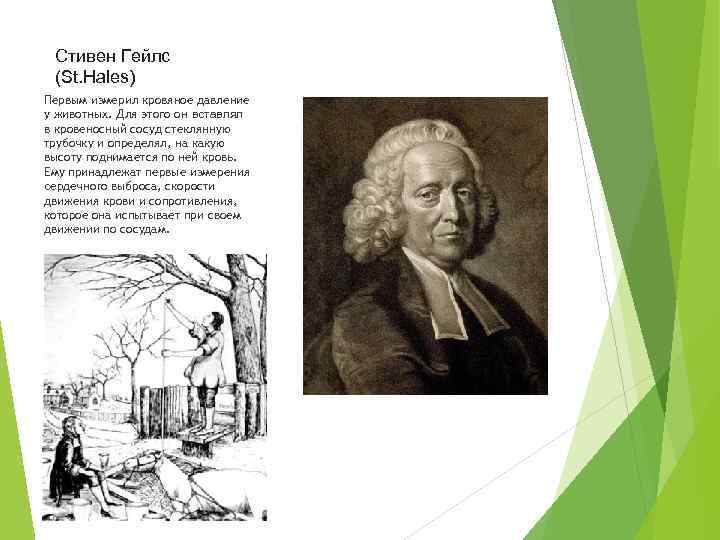 Стивен Гейлс (St. Hales) Первым измерил кровяное давление у животных. Для этого он вставлял