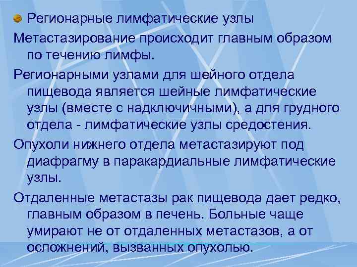Регионарные лимфатические узлы Метастазирование происходит главным образом по течению лимфы. Регионарными узлами для шейного