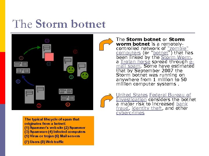 The Storm botnet p p The typical lifecycle of spam that originates from a