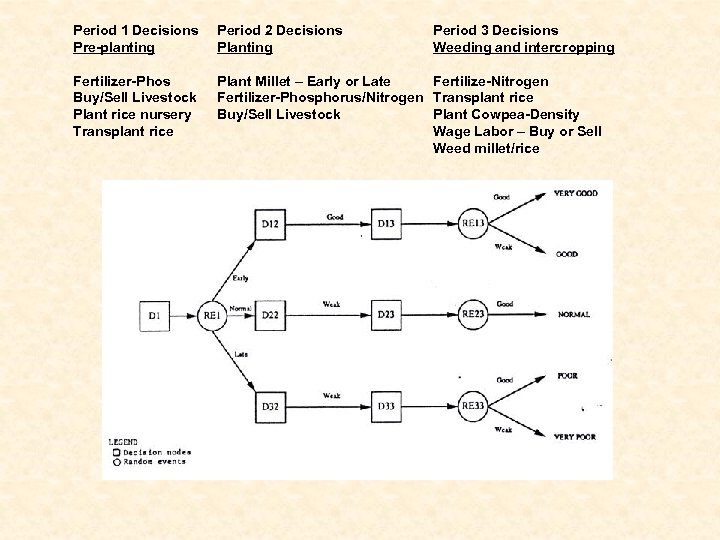 Period 1 Decisions Pre-planting Period 2 Decisions Planting Fertilizer-Phos Buy/Sell Livestock Plant rice nursery