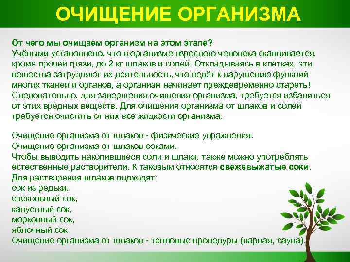 ОЧИЩЕНИЕ ОРГАНИЗМА От чего мы очищаем организм на этом этапе? Учёными установлено, что в