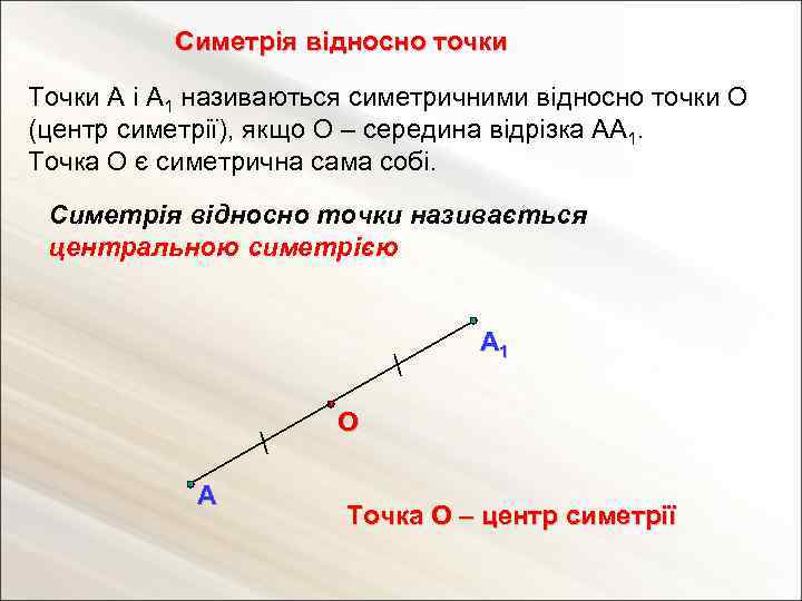 Симетрія відносно точки Точки А і А 1 називаються симетричними відносно точки О (центр