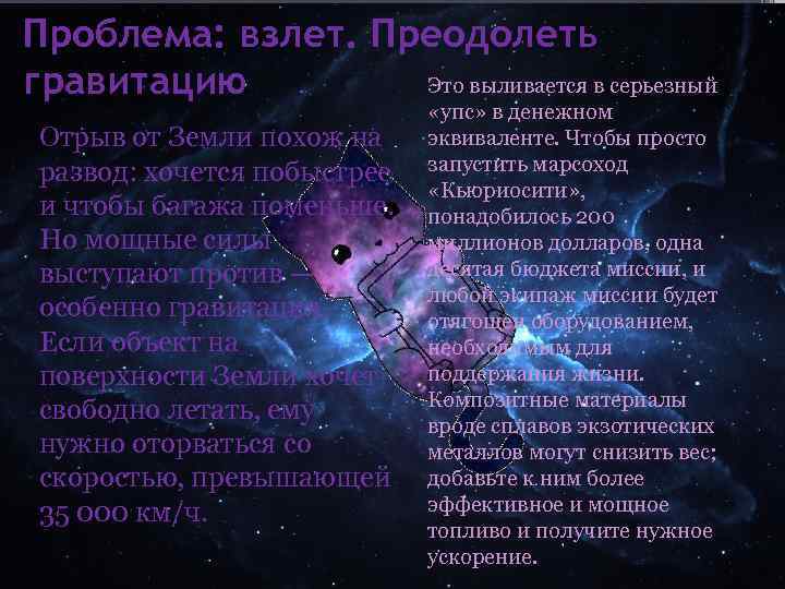 Проблема: взлет. Преодолеть Это выливается в серьезный гравитацию Отрыв от Земли похож на развод: