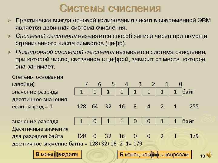 Системы счисления Практически всегда основой кодирования чисел в современной ЭВМ является двоичная система счисления.