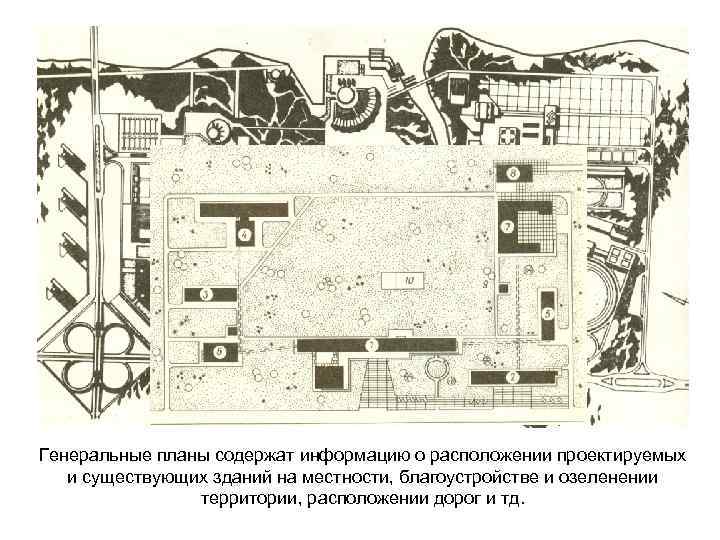 Генеральные планы содержат информацию о расположении проектируемых и существующих зданий на местности, благоустройстве и