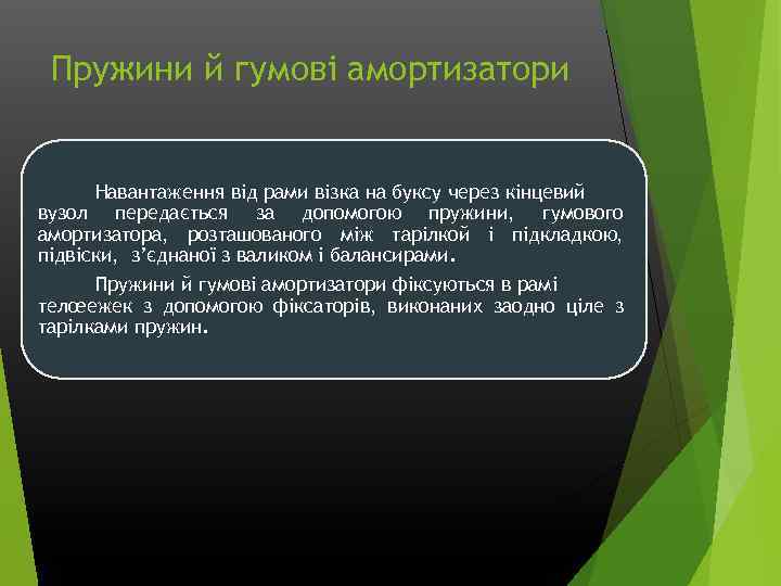 Пружини й гумові амортизатори Навантаження від рами візка на буксу через кінцевий вузол передається