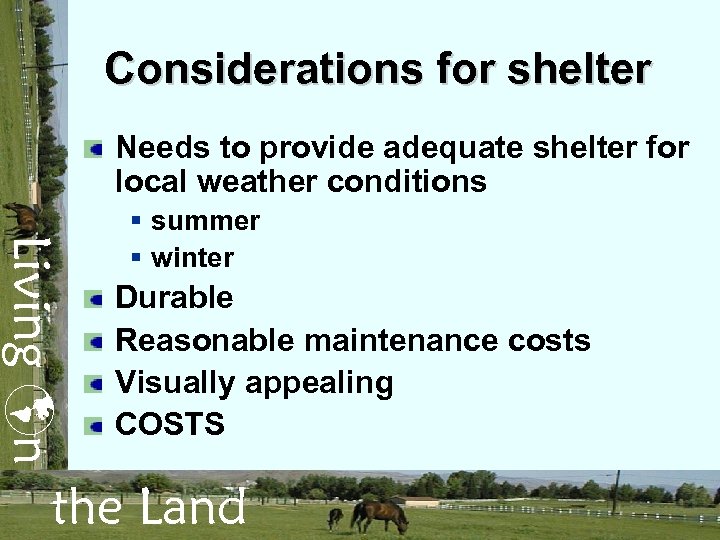 Considerations for shelter Needs to provide adequate shelter for local weather conditions Living n