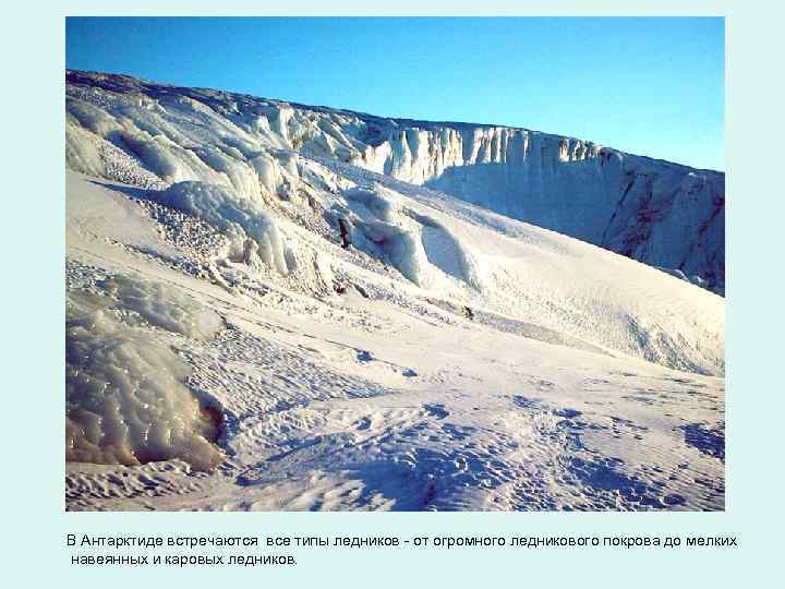 В Антарктиде встречаются все типы ледников - от огромного ледникового покрова до мелких навеянных