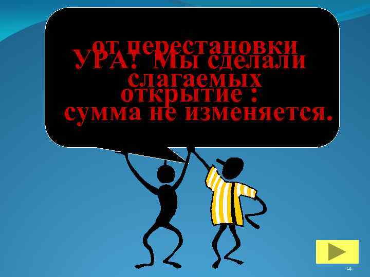 от перестановки УРА! Мы сделали слагаемых открытие : сумма не изменяется. 14 