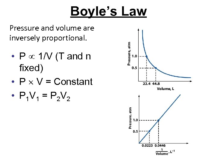 Boyle’s Law Pressure and volume are inversely proportional. • P 1/V (T and n