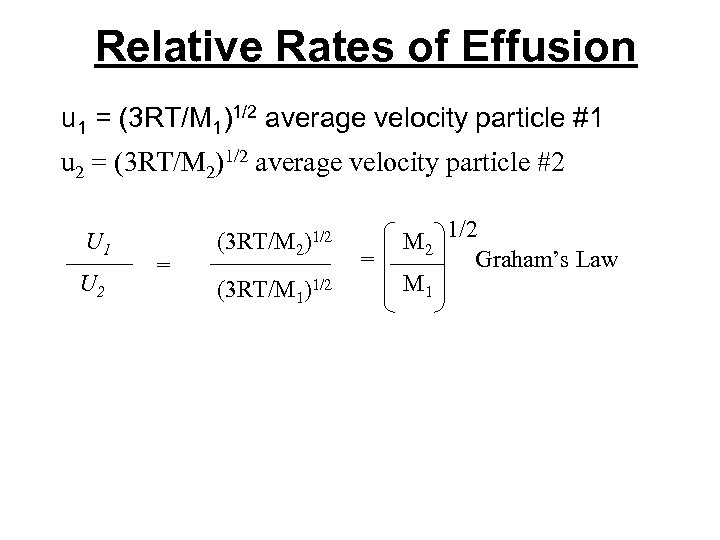 Relative Rates of Effusion u 1 = (3 RT/M 1)1/2 average velocity particle #1