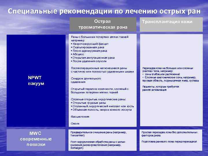 Специальные рекомендации по лечению острых ран Острая травматическая рана Трансплантация кожи Раны с большими