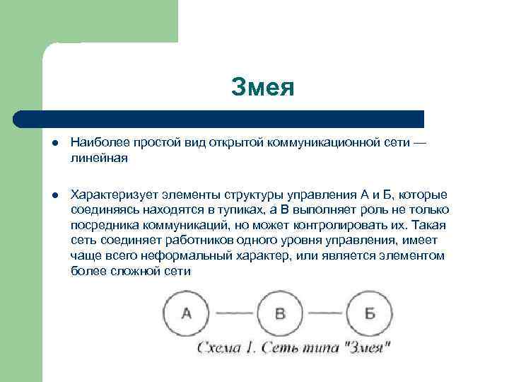 Змея l Наиболее простой вид открытой коммуникационной сети — линейная l Характеризует элементы структуры