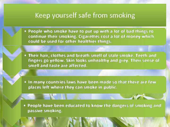 Keep yourself safe from smoking • People who smoke have to put up with