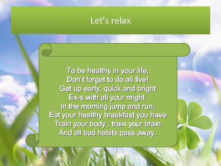 Let’s relax To be healthy in your life, Don’t forget to do all five!