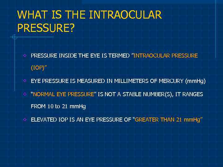 WHAT IS THE INTRAOCULAR PRESSURE? PRESSURE INSIDE THE EYE IS TERMED ”INTRAOCULAR PRESSURE (IOP)”