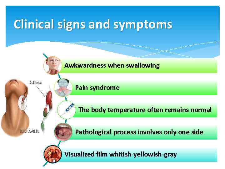 Clinical signs and symptoms Awkwardness when swallowing Pain syndrome The body temperature often remains