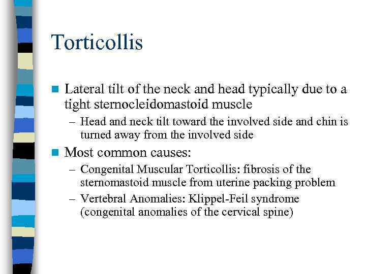 Torticollis n Lateral tilt of the neck and head typically due to a tight