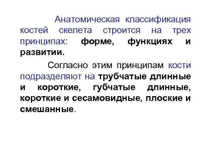 Анатомическая классификация костей скелета строится на трех принципах: форме, функциях и развитии. Согласно этим