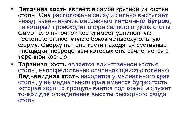  • Пяточная кость является самой крупной из костей стопы. Она расположена снизу и