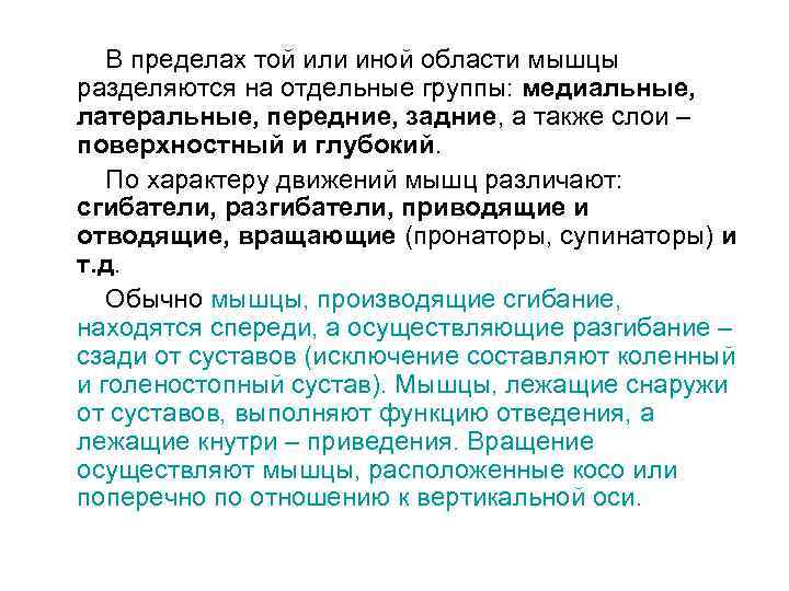 В пределах той или иной области мышцы разделяются на отдельные группы: медиальные, латеральные, передние,