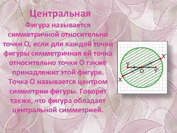 Центральная Фигура называется симметричной относительно точки О, если для каждой точки фигуры симметричная ей
