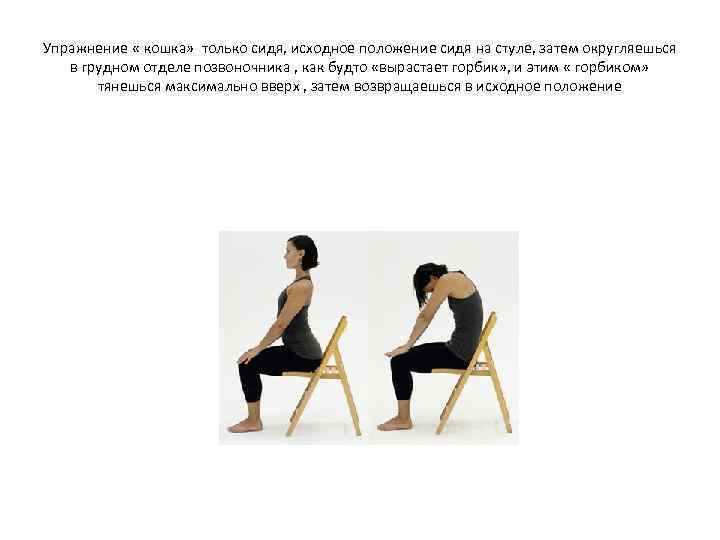 Упражнение « кошка» только сидя, исходное положение сидя на стуле, затем округляешься в грудном