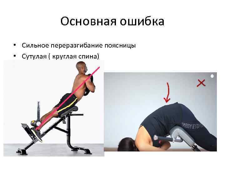 Основная ошибка • Сильное переразгибание поясницы • Сутулая ( круглая спина) 