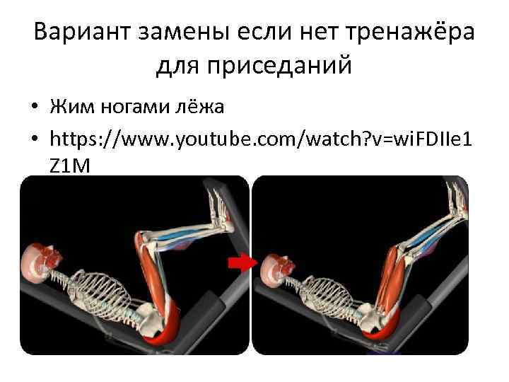 Вариант замены если нет тренажёра для приседаний • Жим ногами лёжа • https: //www.