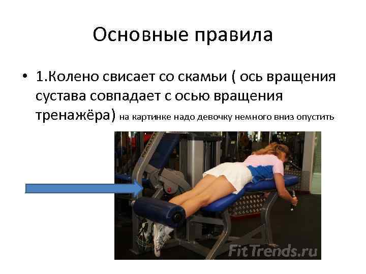 Основные правила • 1. Колено свисает со скамьи ( ось вращения сустава совпадает с