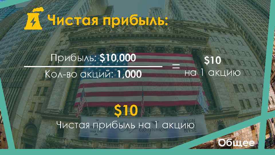 Чистая прибыль: Прибыль: $10, 000 Кол-во акций: 1, 000 = $10 на 1 акцию