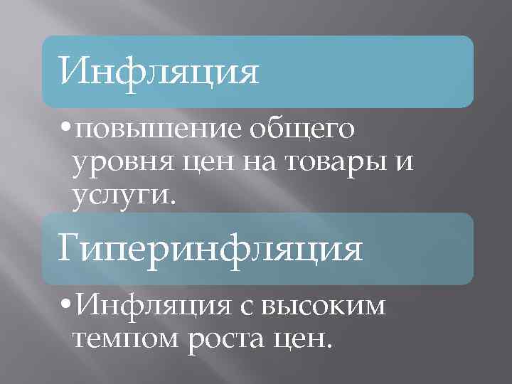 Инфляция • повышение общего уровня цен на товары и услуги. Гиперинфляция • Инфляция с