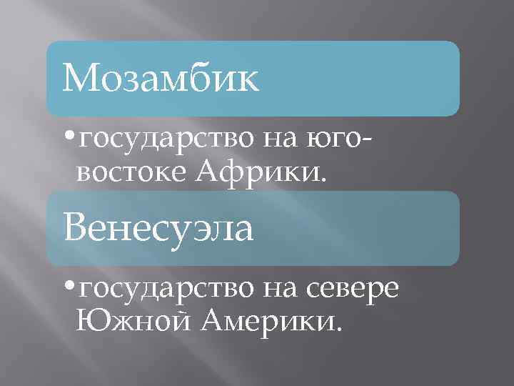 Мозамбик • государство на юговостоке Африки. Венесуэла • государство на севере Южной Америки. 