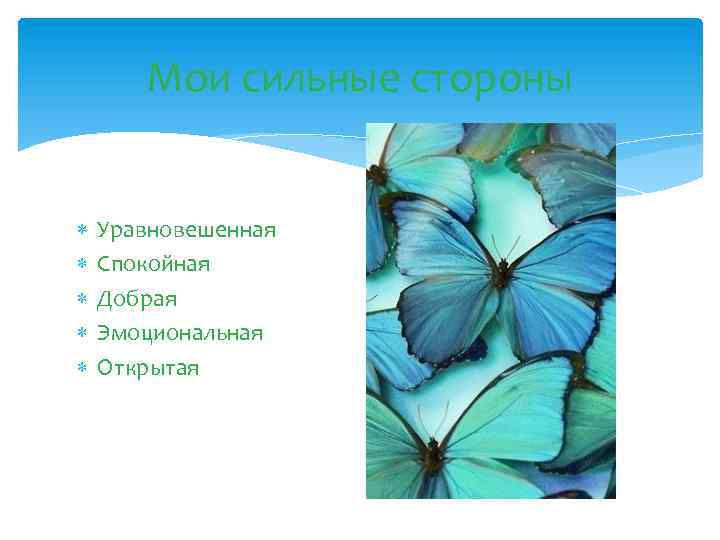 Мои сильные стороны Уравновешенная Спокойная Добрая Эмоциональная Открытая 