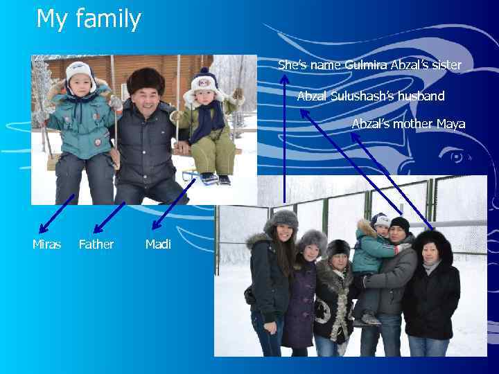 My family She’s name Gulmira Abzal’s sister Abzal Sulushash’s husband Abzal’s mother Maya Miras