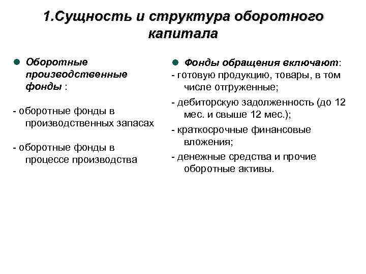 1. Сущность и структура оборотного капитала Оборотные производственные фонды : - оборотные фонды в