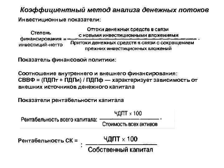 Коэффициентный метод анализа денежных потоков Инвестиционные показатели: Показатель финансовой политики: Соотношение внутреннего и внешнего