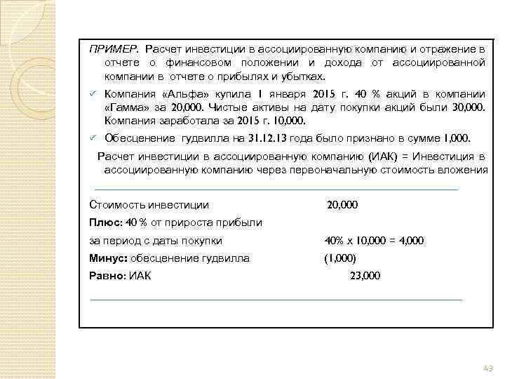 ПРИМЕР. Расчет инвестиции в ассоциированную компанию и отражение в отчете о финансовом положении и