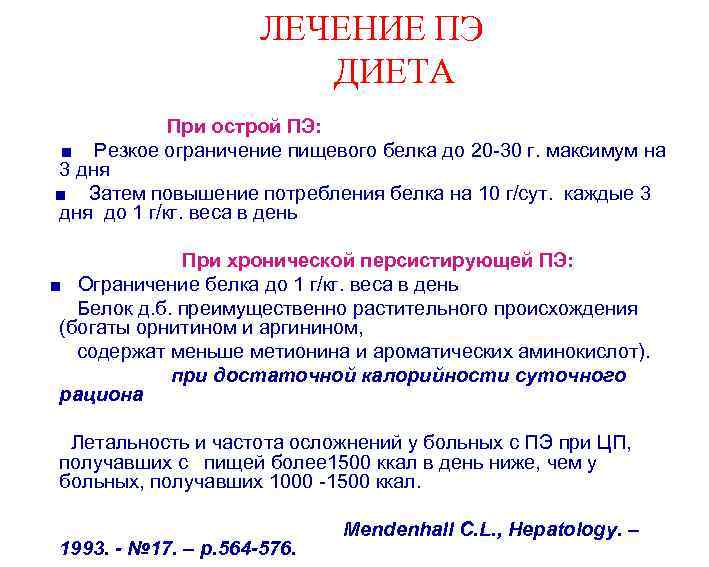 ЛЕЧЕНИЕ ПЭ ДИЕТА При острой ПЭ: ■ Резкое ограничение пищевого белка до 20 -30