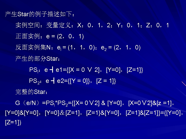 产生Star的例子描述如下： 实例空间：变量定义：X： 0，1，2；Y： 0，1；Z： 0，1 正面实例：e = (2，0，1) 反面实例集N：el = (1，1，0)；e 2 = (2，1，0)