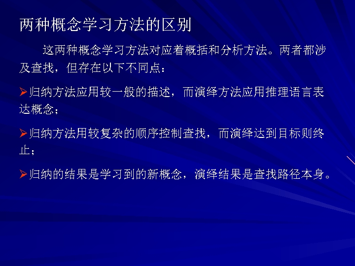 两种概念学习方法的区别 这两种概念学习方法对应着概括和分析方法。两者都涉 及查找，但存在以下不同点： Ø归纳方法应用较一般的描述，而演绎方法应用推理语言表 达概念； Ø归纳方法用较复杂的顺序控制查找，而演绎达到目标则终 止； Ø归纳的结果是学习到的新概念，演绎结果是查找路径本身。 